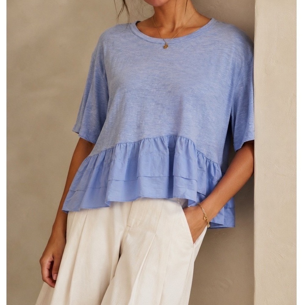 Akemi + Kin Anthropologie Blue Peplum Ruffle Top Cotton Slub Knit Blouse XL mm